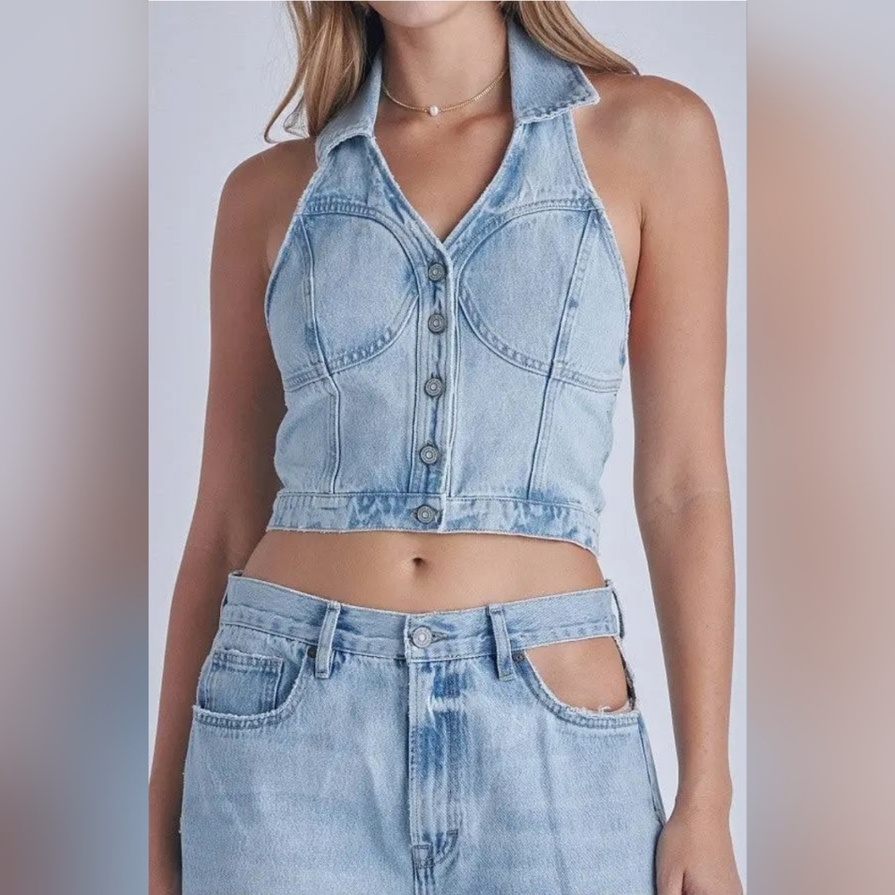 Hidden Denim Button up Halter Crop Top